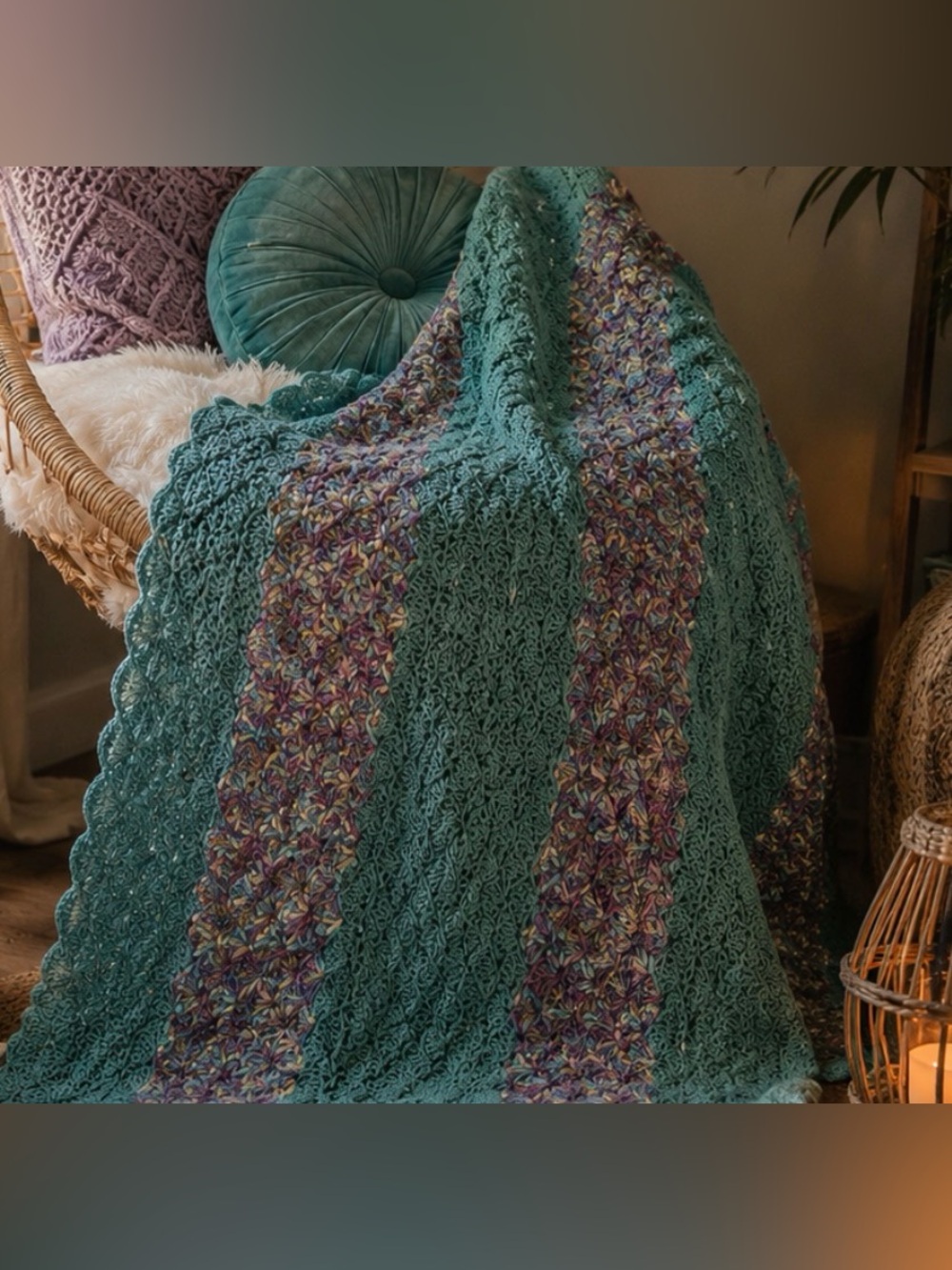 Title: Vintage Handmade Crochet Afghan Blanket – Teal Multicolour Scalloped Edge